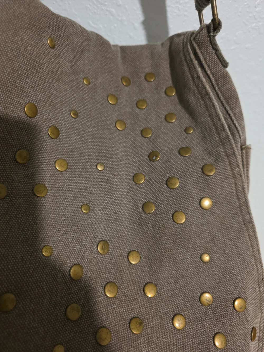 Old Navy Taupe Canvas Messenger Bag with Gold Studs Mushrooms